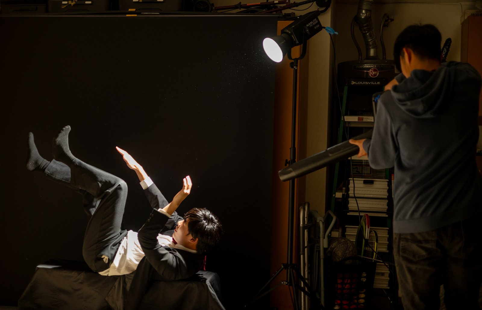 Behind the scenes image of the falling shot setup